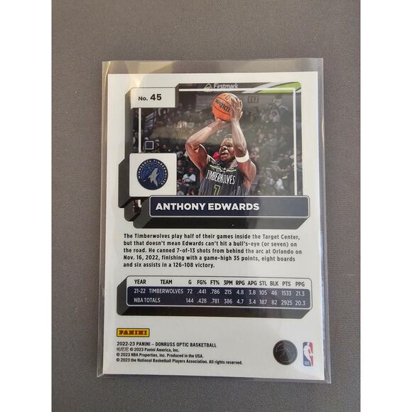 Anthony Edwards 2022-23 Donruss Optic #45 - Minnesota Timberwolves - Picture 2 of 2